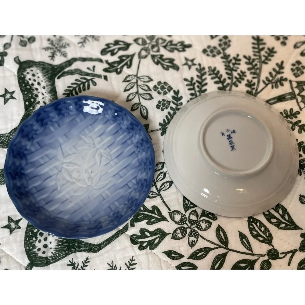 Vintage made in Japan Cherry Blossom Dish Plate Set For‎ 2 Blue & Pink Bamboo